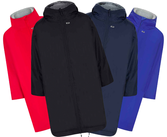 JPI Robe. All weather robe, teddy fleece lining, waterproof and windproof. Picture shows all four colours, black, navy, blue and red, all with grey teddy fleece lining.